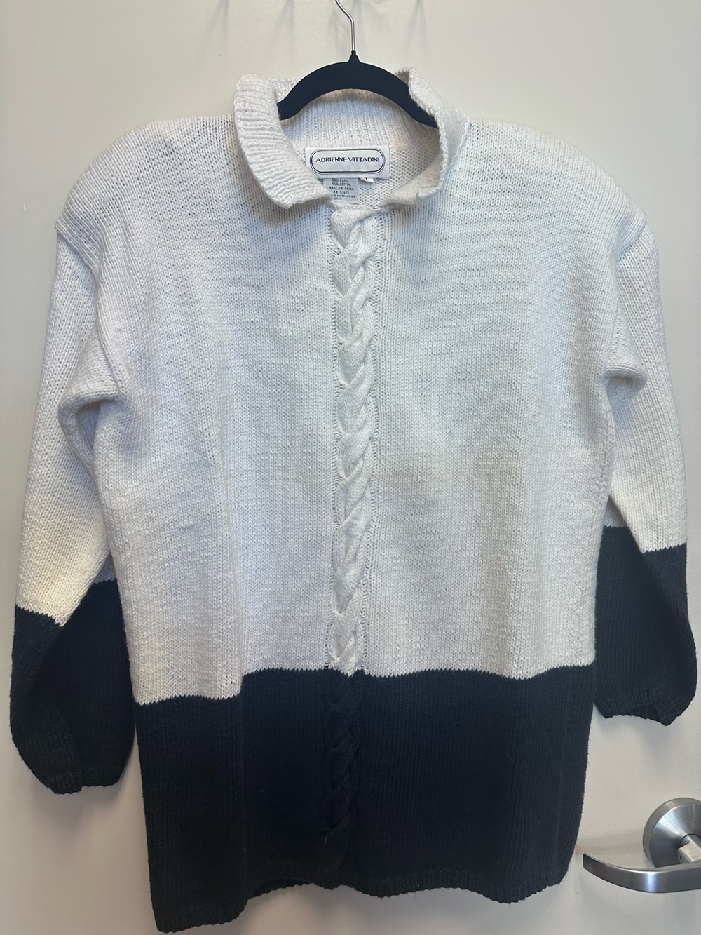 Vintage Adrienne Vittadini Two-Tone Cable Front Cardigan - White & Black